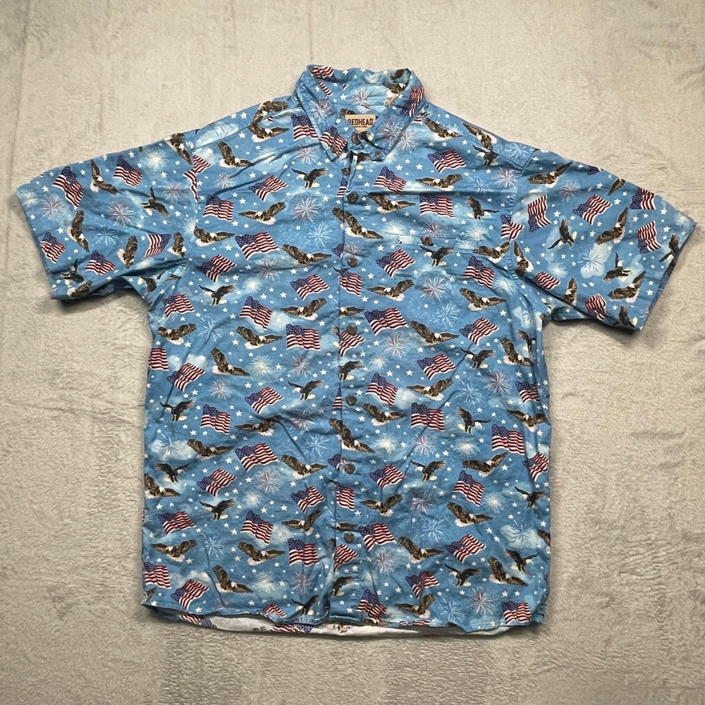 Redhead Button Down Shirt Mens Large Blue Patriotic Eagle Flag Fireworks Cotton